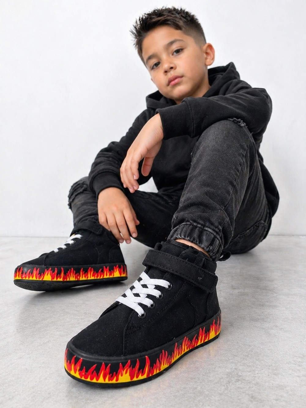 Flame High Top Sneakers Black Fire Sole Streetwear Skater Shoes